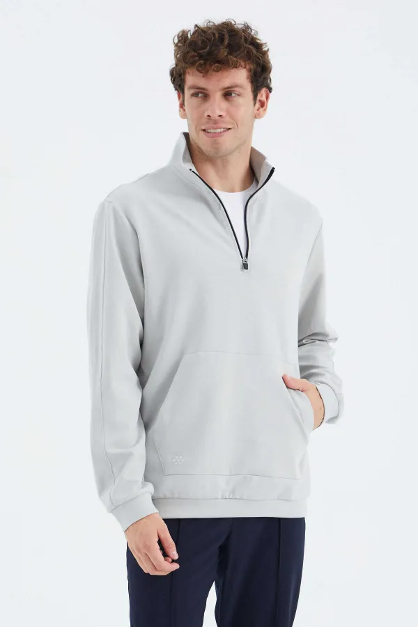 Sweat-shirt homme Tommylife en gros, orné de pierres, col montant, demi-zip et poches - 88278