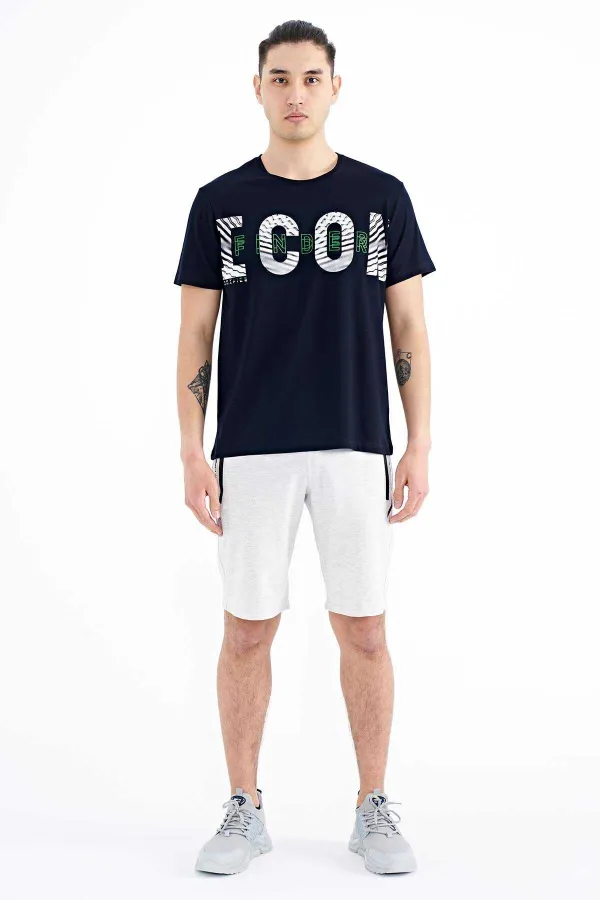 Tommylife Toptan Lacivert Yazı Baskı Detaylı O Yaka Standart Kalıp Erkek T-Shirt - 88187