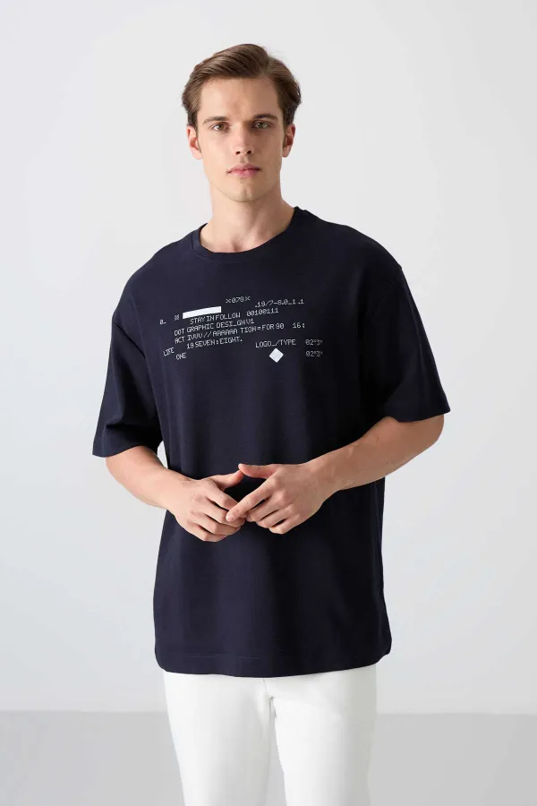 Tommylife Wholesale Crew Neck Oversize Printed Men's T-Shirt 88326 Navy Blue