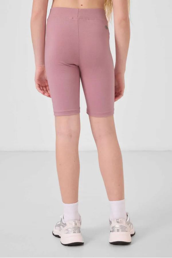 Tommylife Toptan Pamuklu Kısa Paça Standart Fit Basic Kız Çocuk Tayt 75188 Gül Kurusu