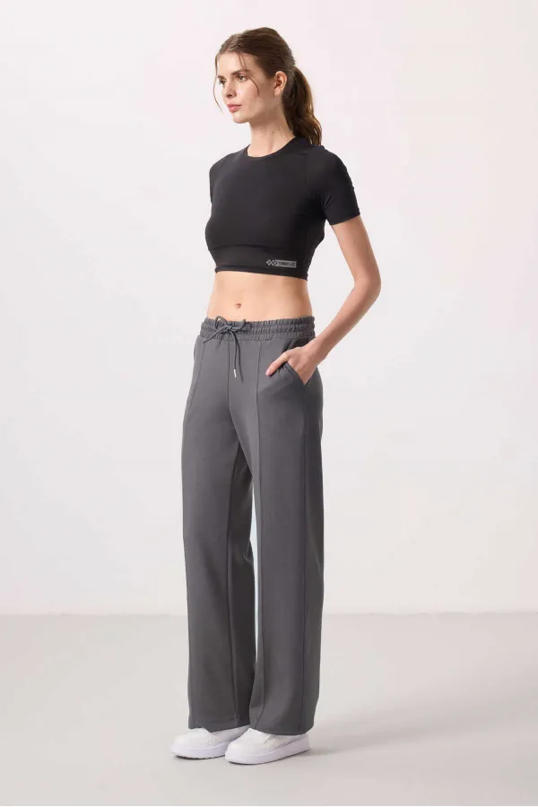 Tommylife Toptan Yumuşak Dokulu Cepli Ön Dikiş Detaylı Kadın Palazzo Pantolon - 94670 Koyu Gri