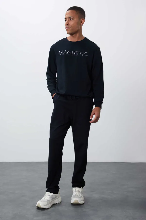 Pantalon de survêtement bleu marine pour homme Tommylife Wholesale, avec cordon de serrage, poches, coupe standard et jambes classiques - 84682