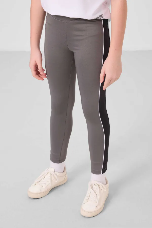 Tommylife Toptan O Yaka Yan Şerit Detaylı Standart Fit Performans Kız Çocuk Tayt Takım 75191 Beyaz Koyu Gri