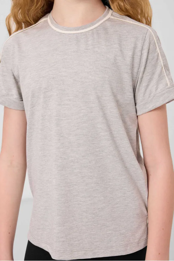 Tommylife Toptan Pamuklu O Yaka Oversize Fit Baskılı Kız Çocuk T Shirt 75177 Gri Melanj
