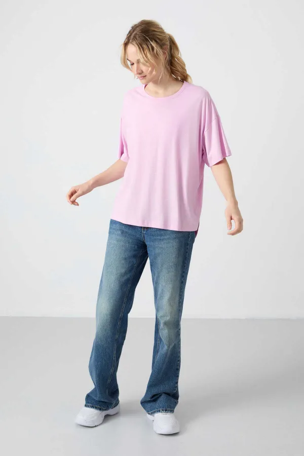 Tommylife Toptan O Yaka Oversize Basic Kadın T-Shirt 97285 Pembe
