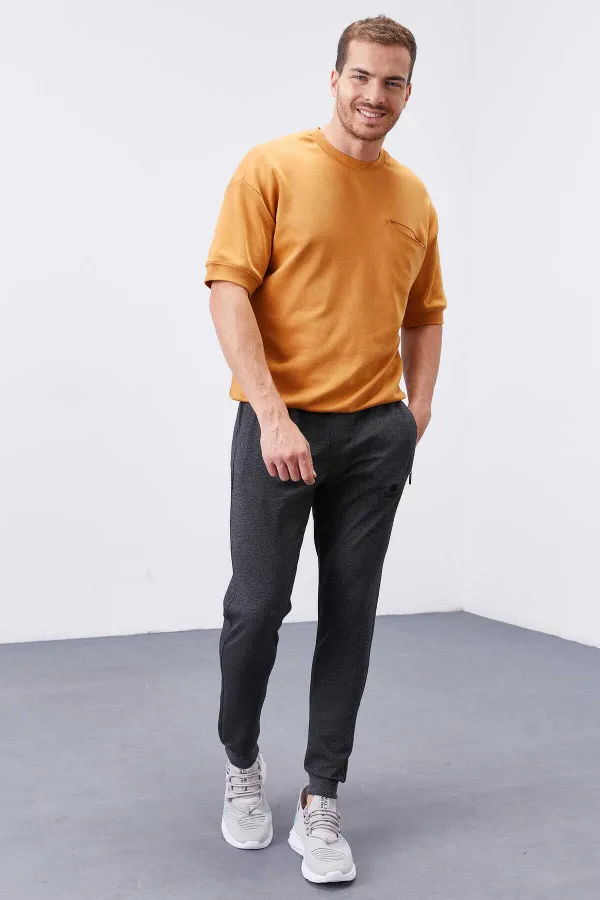 Tommylife Toptan Antrasit Melanj Fermuar Cepli Dar Kalıp Jogger Erkek Eşofman Alt - 84343