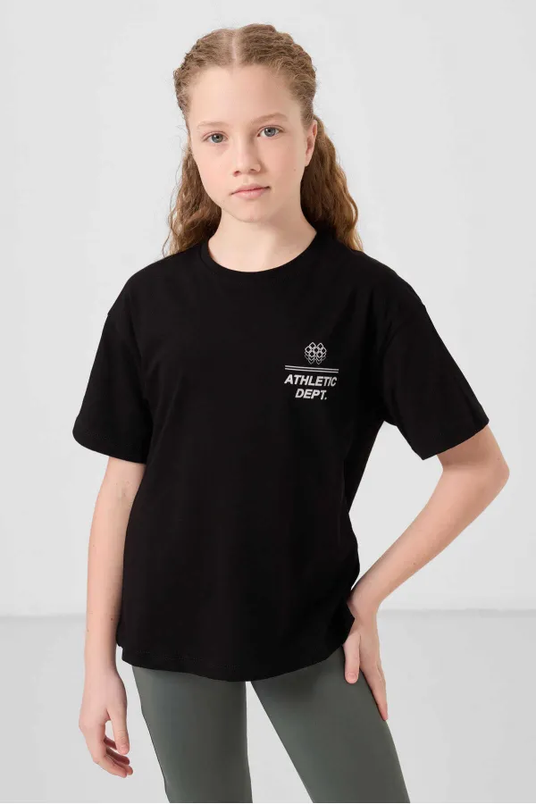 Tommylife Toptan Pamuklu O Yaka Oversize Fit Basic Kız Çocuk T Shirt 75178 Siyah