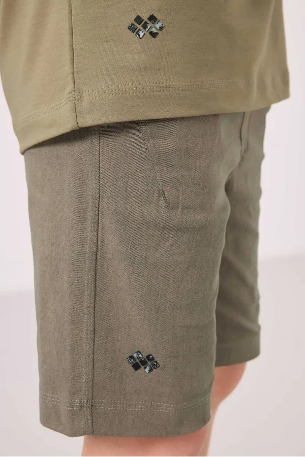 Tommylife Toptan Pamuklu Oversize Fit Dokuma Hafif Esnek Chino Erkek Çocuk Şort Takım 11277 Koyu Bej-Camel