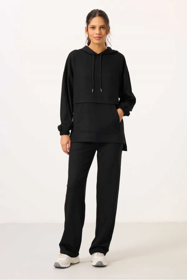 Ensemble tunique de survêtement à capuche oversize pour femme Tommylife, texture douce, vente en gros - 95348 Noir