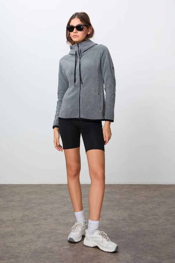 Sweat-shirt polaire à capuche zippé Tommylife Wholesale pour femme, coupe standard, gris chiné 97287