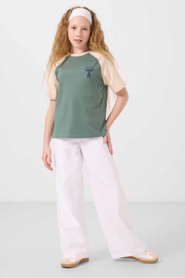 Tommylife Wholesale Crew Neck Cotton Printed Oversize Fit Girls' T-Shirt 75179 Light Green