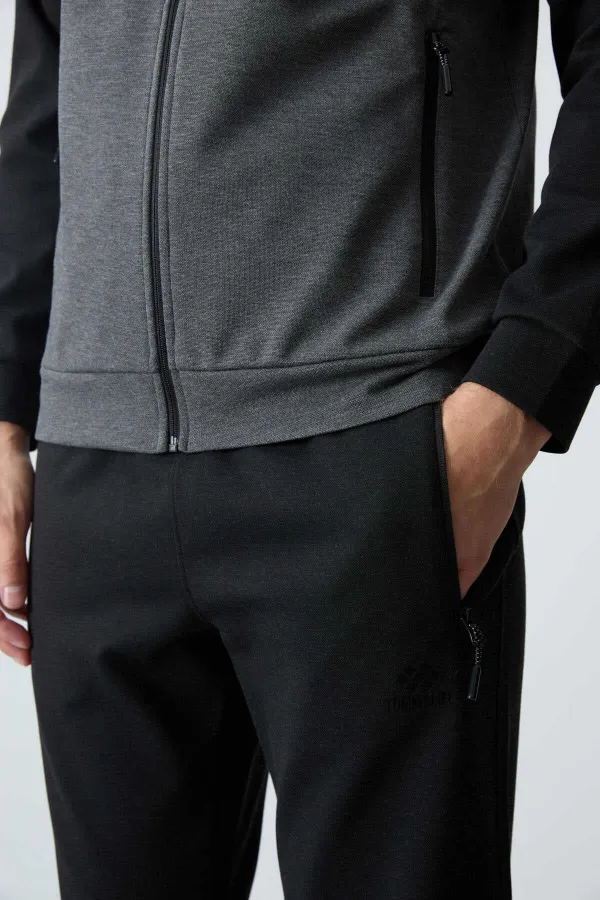 Tommylife Toptan Rahat Kalıp Dik Yaka Klasik Paça Erkek Eşofman Takımı 85113 Antrasit - Siyah