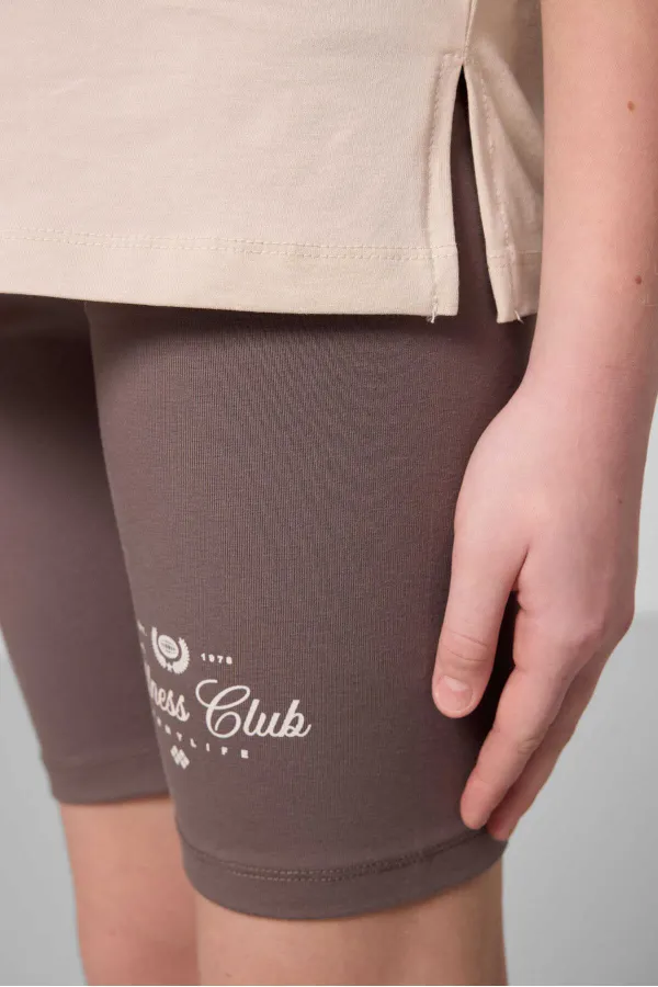 Tommylife Toptan Pamuklu O Yaka Standart Fit Baskılı Kız Çocuk Tayt Takım 75190 Bej Kahverengi