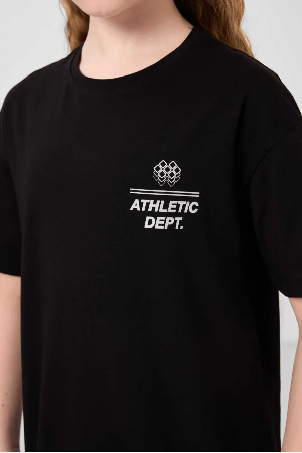 Tommylife Toptan Pamuklu O Yaka Oversize Fit Basic Kız Çocuk T Shirt 75178 Siyah