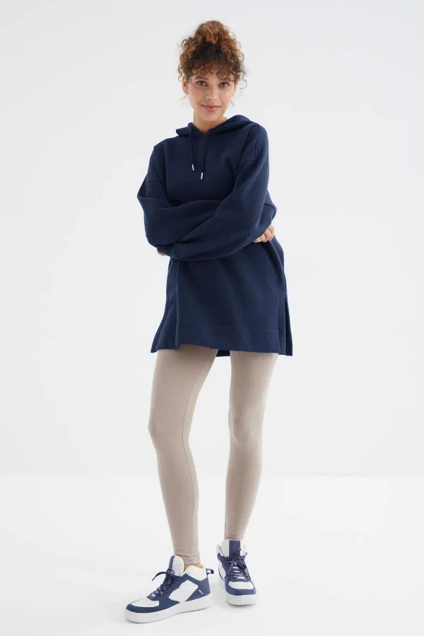 Tommylife Toptan İndigo Reglan Kol Basic Kapüşonlu Oversize Tunik - 97242
