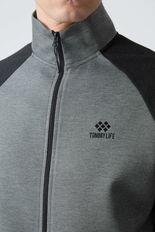 Tommylife Toptan Rahat Kalıp Dik Yaka Klasik Paça Erkek Eşofman Takımı 85113 Çağla - Siyah