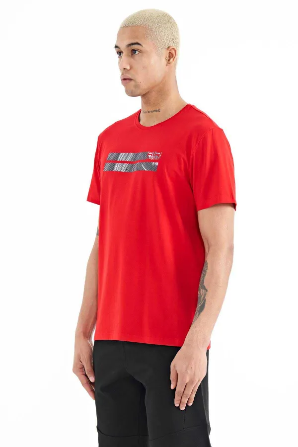 T-shirt homme Tommylife Wholesale à col Peter Pan, coupe standard, imprimé, rouge, référence 88204