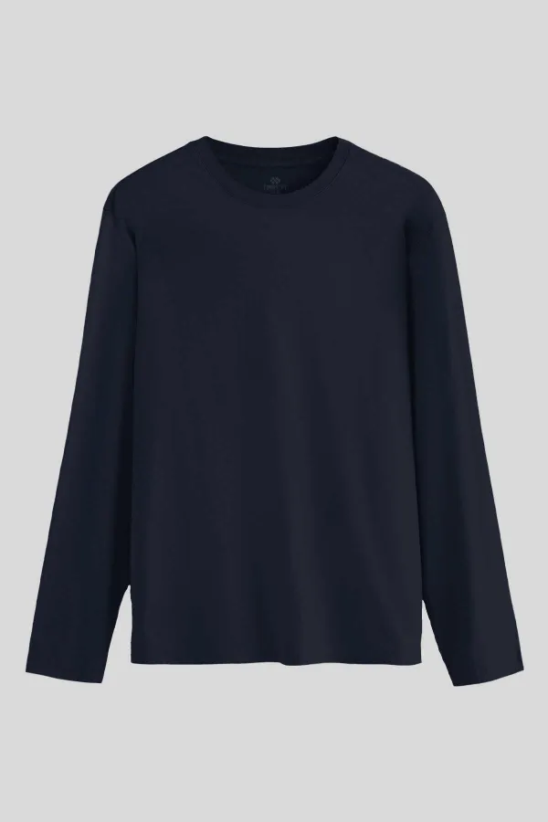 T-shirt homme Tommylife, coupe standard, col rond, manches longues, slim, bleu marine, en gros - 87997