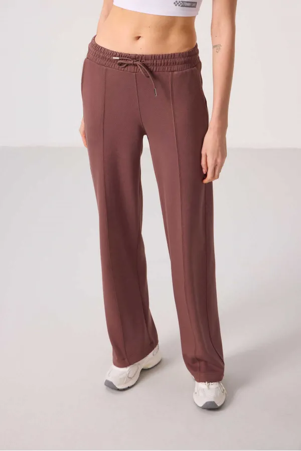 Tommylife Toptan Yumuşak Dokulu Cepli Ön Dikiş Detaylı Kadın Palazzo Pantolon - 94670 Kahverengi