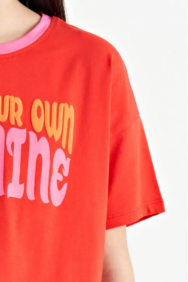 Tommylife Toptan Fiesta Renkli Yazı Baskılı O Yaka Oversize  Kısa Kollu Kız Çocuk T-Shirt - 75111