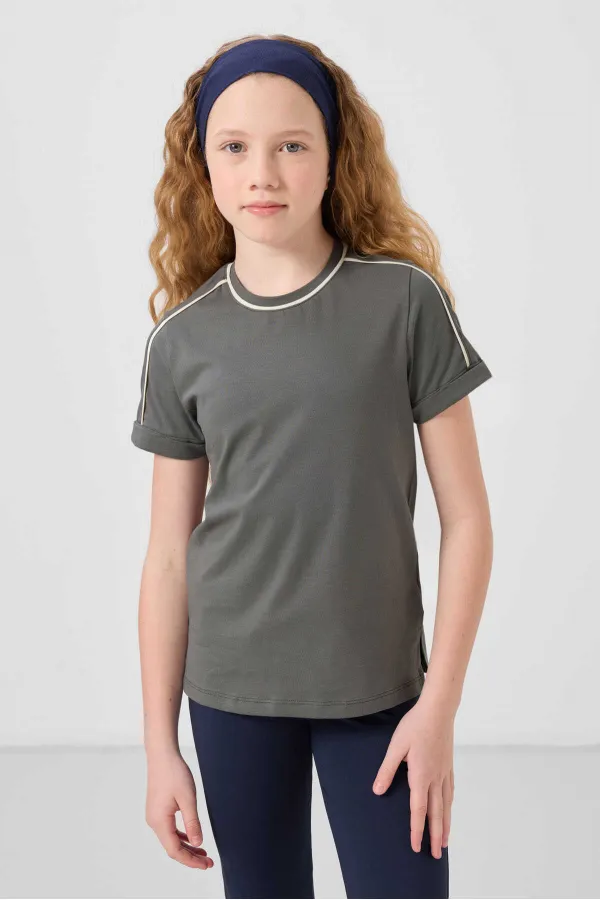 Tommylife Toptan Pamuklu O Yaka Oversize Fit Baskılı Kız Çocuk T Shirt 75177 Haki