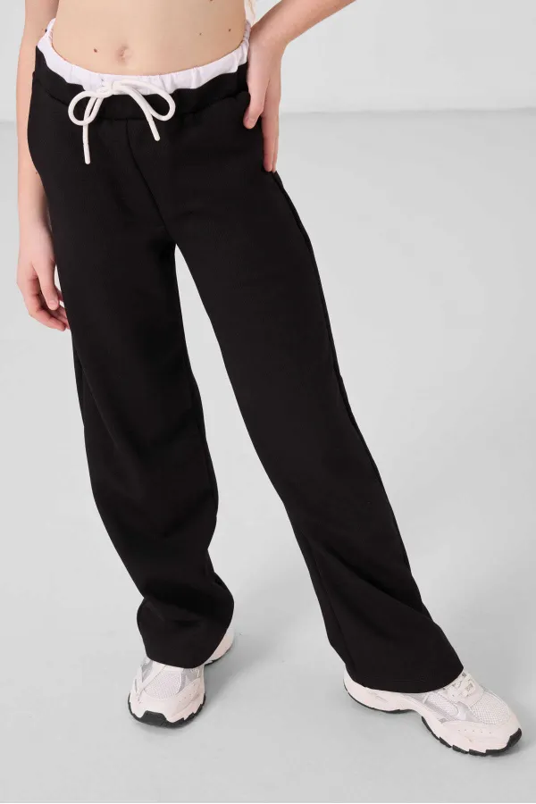 Ensemble de survêtement palazzo Tommylife Wholesale pour filles, col rond, imprimé, jambes larges, coupe standard, blanc et noir, référence 75171