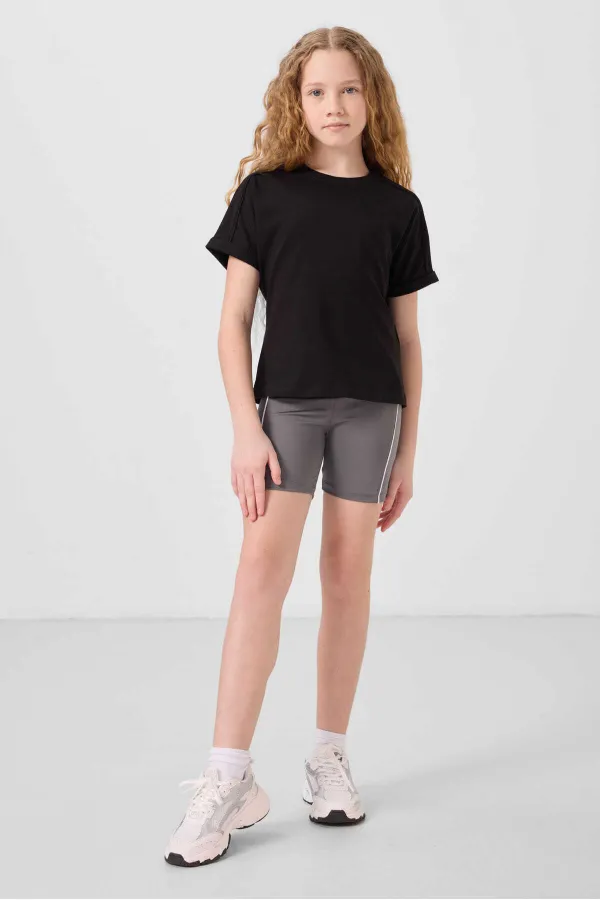 Tommylife Toptan Pamuklu O Yaka Oversize Fit Basic Kız Çocuk T Shirt 75182 Siyah