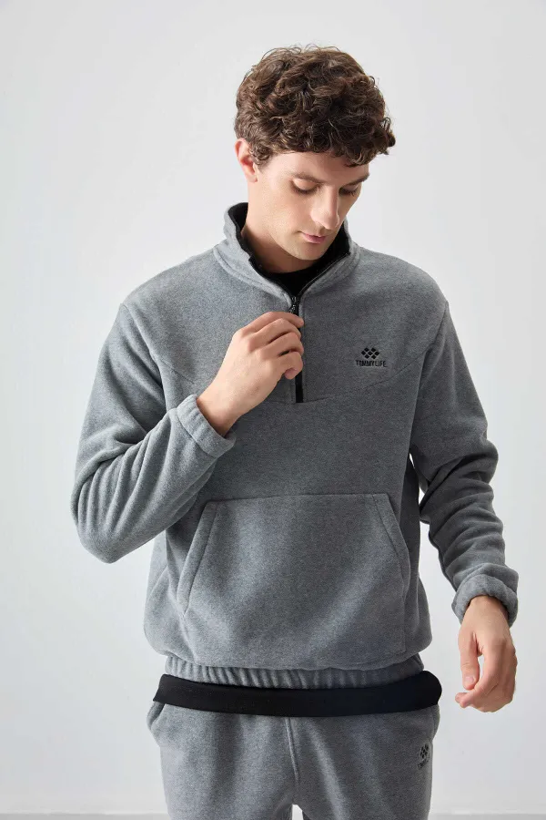 Tommylife Toptan Standart Kalıp Yarım Fermuar Polar Erkek Eşofman Takımı 85159 Gri Melanj