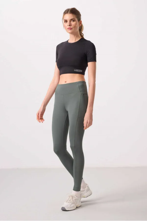 Tommylife Toptan Polyester Esnek Standart Fit Performans Kadın Tayt - 94667 Haki