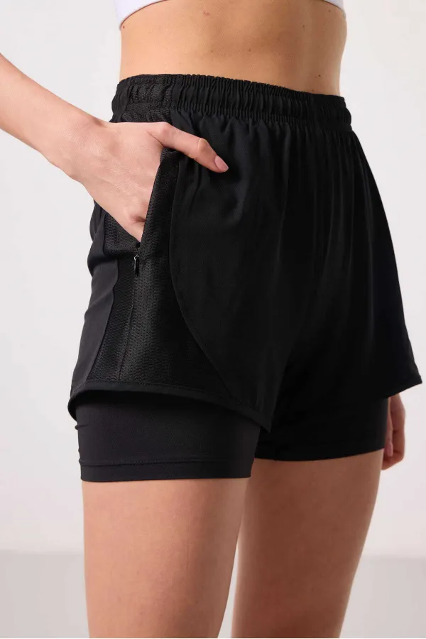 Short Tommylife en polyester, coupe standard, poche cachée, fermeture éclair, legging intégré - 91015 Noir