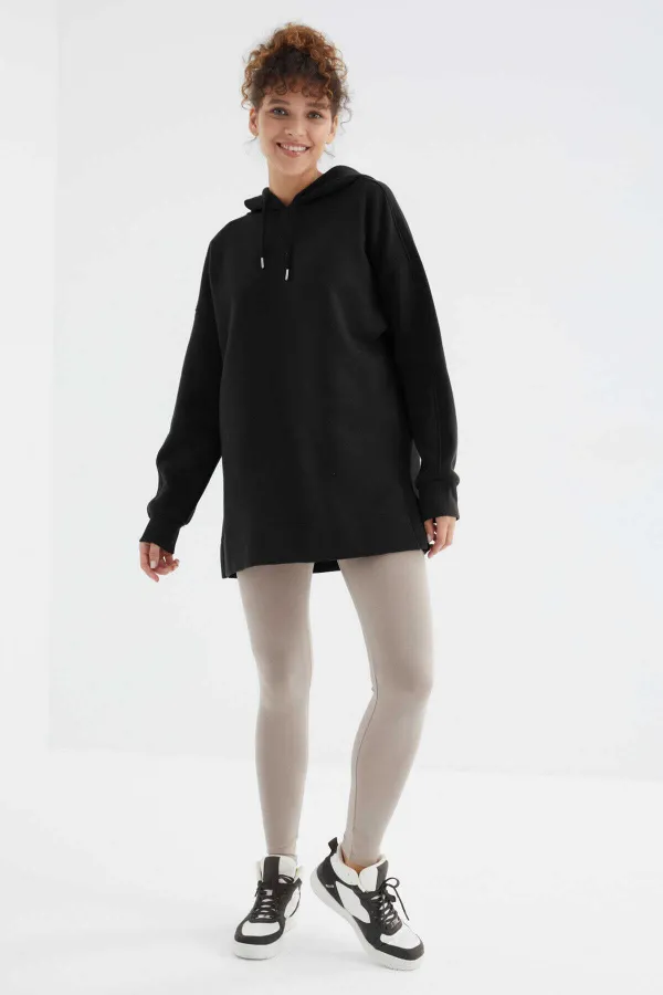 Tommylife Wholesale Black Raglan Sleeve Basic Hooded Oversize Tunic - 97242