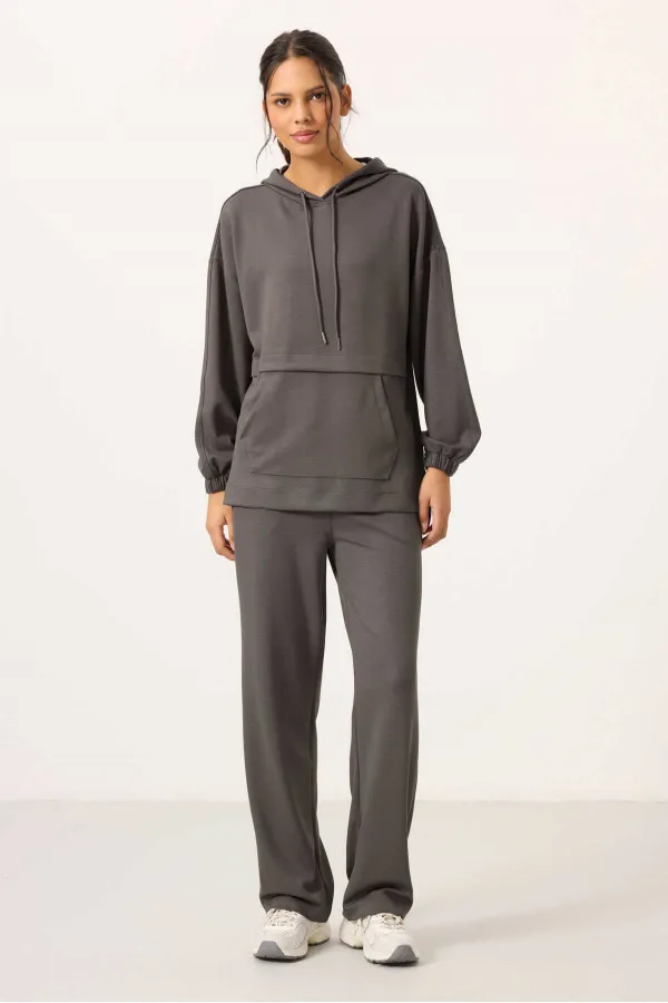 Survêtement tunique à capuche surdimensionné pour femme, texture douce, vente en gros Tommylife - 95348 Gris foncé