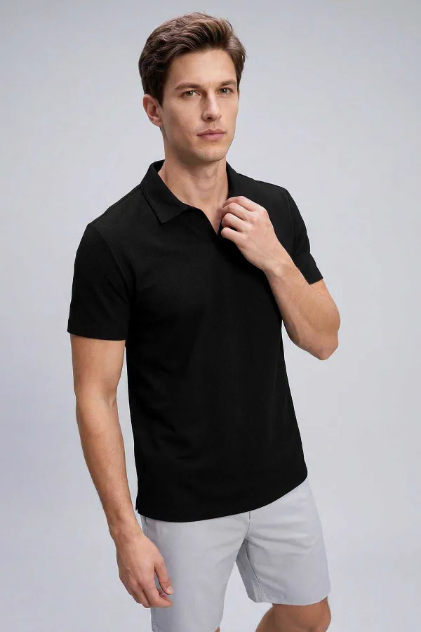 T-shirt polo noir Tommylife Wholesale pour homme, coupe confortable, texture douce - 88496