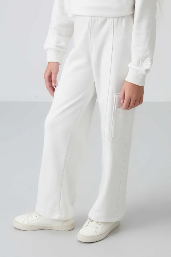 Tommylife Toptan 7-15 Yaş Dik Yaka Standart Kalıp Kız Çocuk Eşofman Takımı 75159 Ekru