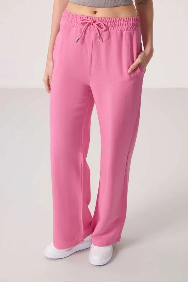 Tommylife Toptan Keten Geniş Paça Rahat Form Kadın Palazzo Pantolon - 94675 Fuşya