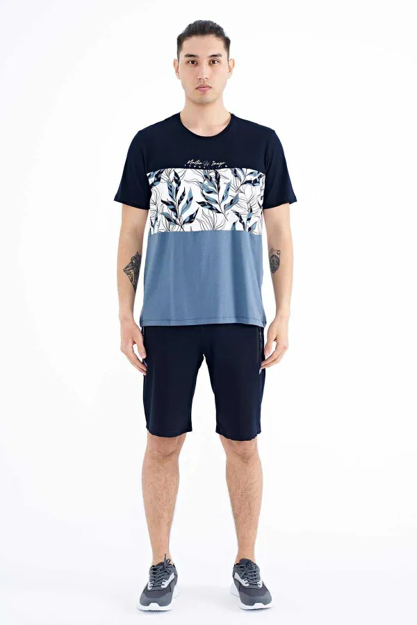Tommylife Wholesale Navy Blue Gradient Print Detail Crew Neck Standard Fit Men's T-Shirt - 88177