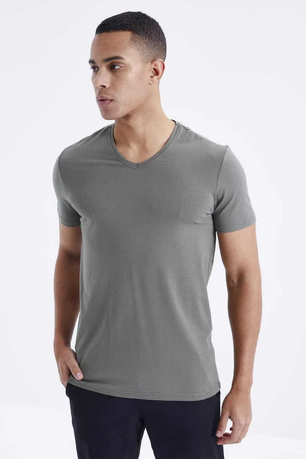 T-shirt basique Tommylife pour homme, col V, coupe standard, référence 87912 Çağla (vente en gros)