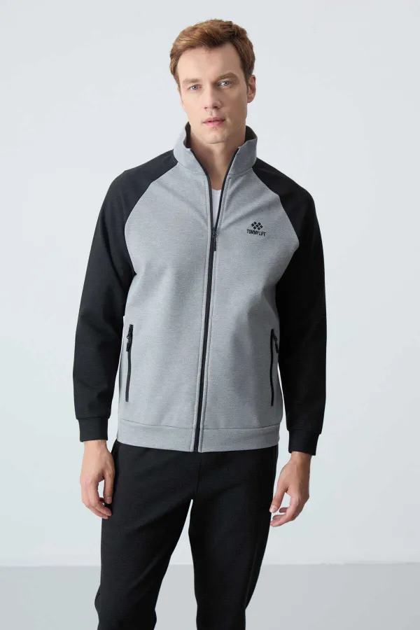 Tommylife Toptan Rahat Kalıp Dik Yaka Klasik Paça Erkek Eşofman Takımı 85113 Gri Melanj - Siyah