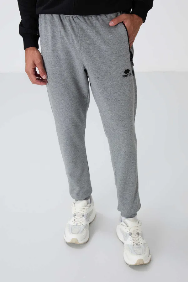 Tommylife Toptan Gri Melanj Fermuar Cepli Standart Kalıp Jogger Erkek Eşofman Alt - 84651