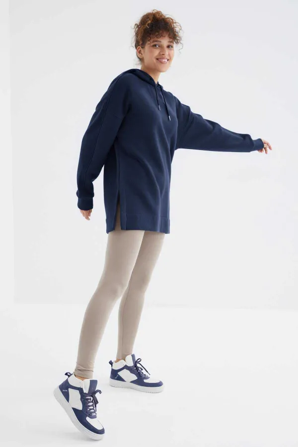 Tommylife Toptan İndigo Reglan Kol Basic Kapüşonlu Oversize Tunik - 97242