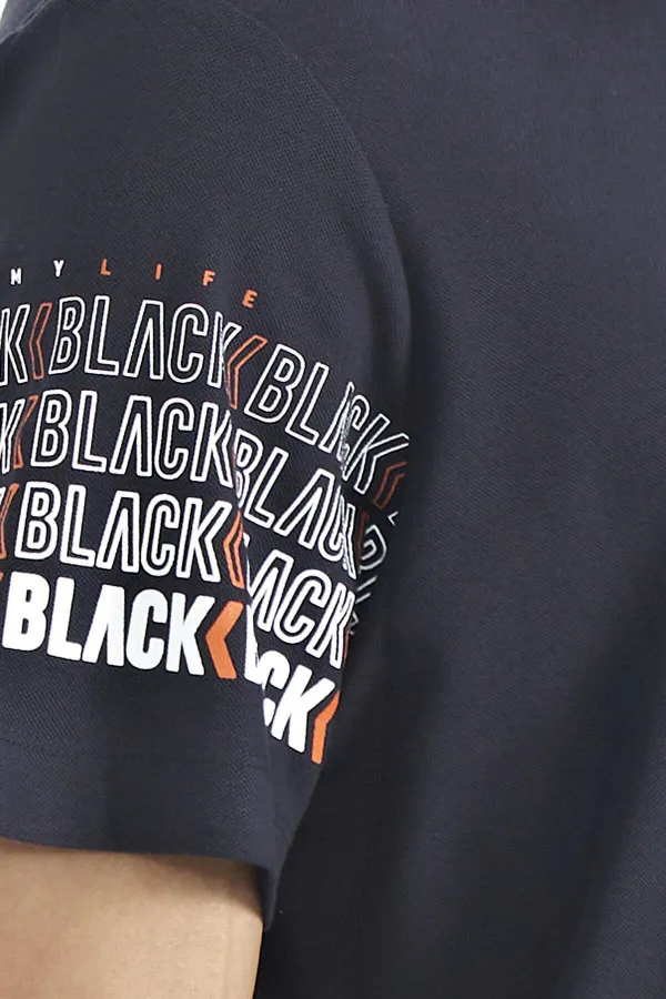 T-shirt homme Tommylife en gros, bleu marine, manches imprimées, col polo, coupe standard - 88240