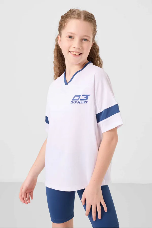 Tommylife Toptan V Yaka Kemer Detaylı Standart Fit Performans Kız Çocuk Tayt Takım 75187 Beyaz Parlament