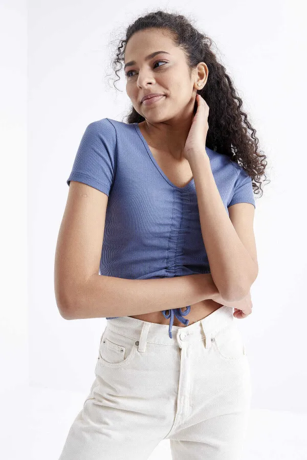 Tommylife Toptan Petrol Büzgü Detaylı V Yaka Kadın Crop Top T-Shirt - 97205