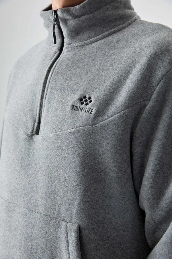 Tommylife Toptan Standart Kalıp Yarım Fermuar Polar Erkek Eşofman Takımı 85159 Gri Melanj
