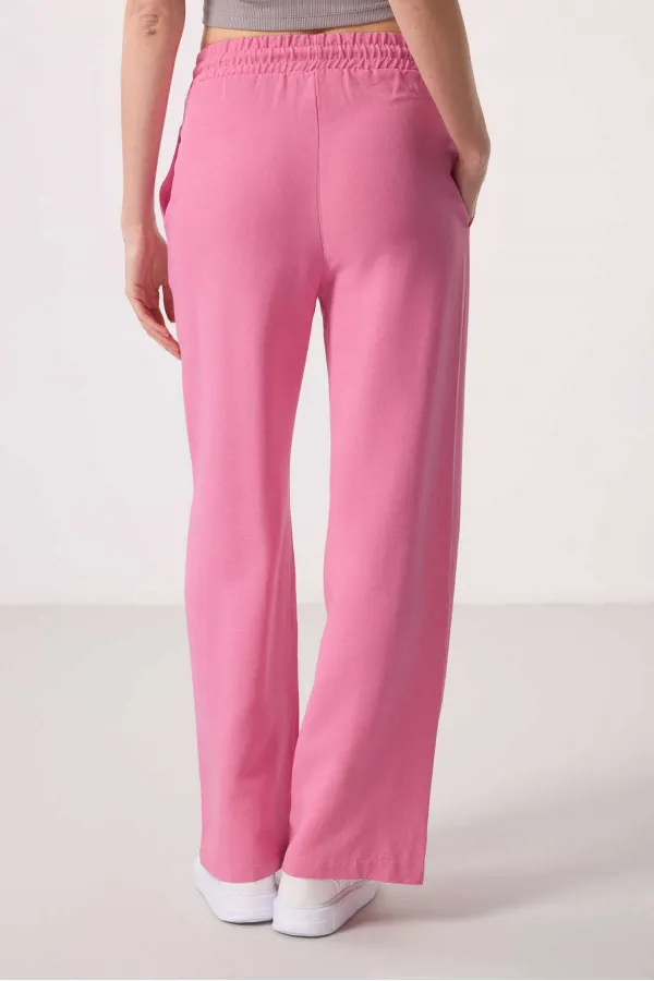 Tommylife Toptan Keten Geniş Paça Rahat Form Kadın Palazzo Pantolon - 94675 Fuşya