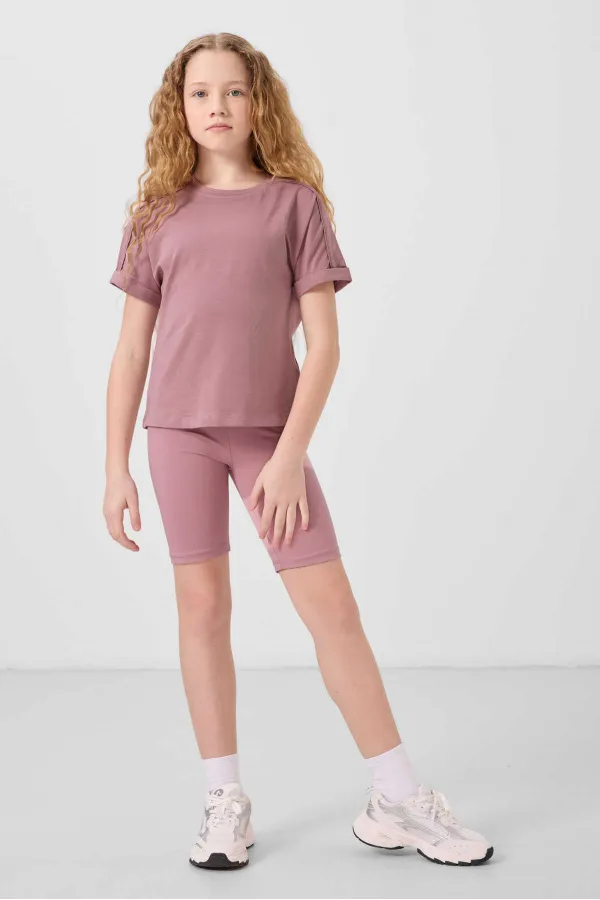 Tommylife Toptan Pamuklu O Yaka Oversize Fit Basic Kız Çocuk T Shirt 75182 Gül Kurusu