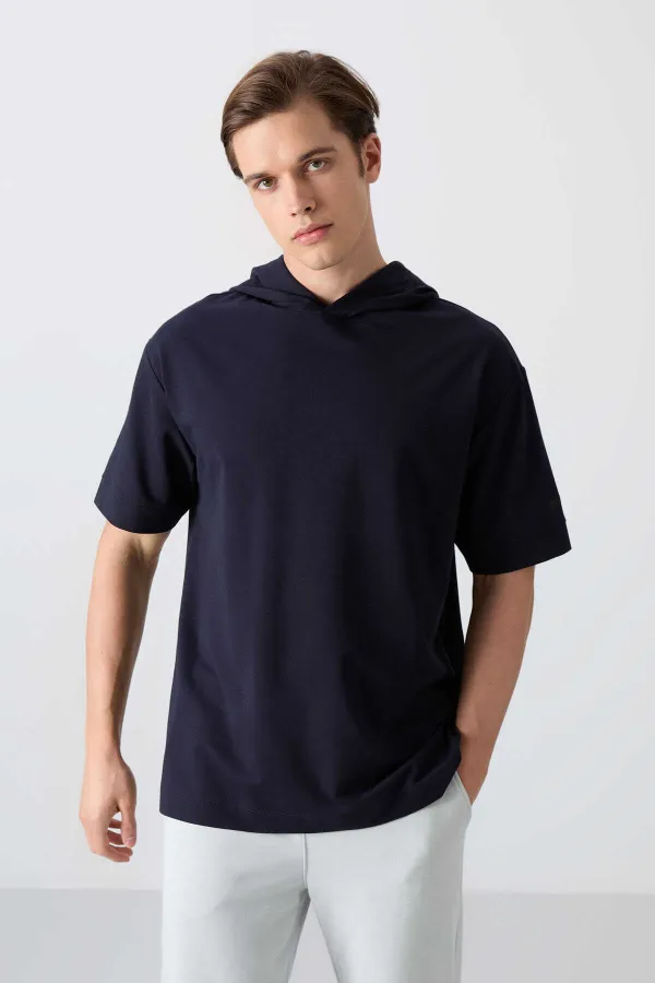 Tommylife Wholesale Hooded Oversize Basic Men's T-Shirt 88352 Navy Blue