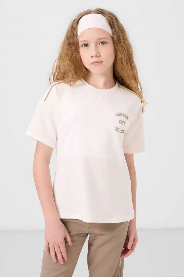 Tommylife Wholesale Crew Neck Printed Elasticated Hem Standard Fit Girls' Tracksuit Set 75186 Ecru Dark Beige