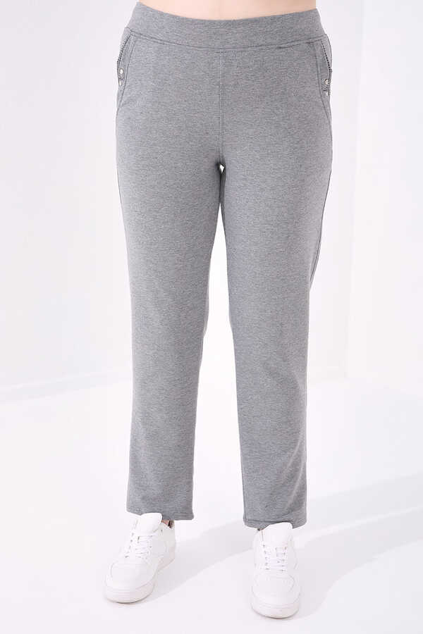 Tommylife Toptan Gri Melanj Cepli Rahat Form Klasik Paça Kadın Büyük Beden Eşofman Alt - 94014