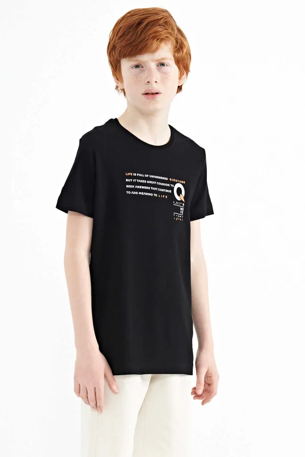 T-shirt garçon Tommylife Wholesale noir, col rond, coupe standard, imprimé, taille serveur, réf. 11145